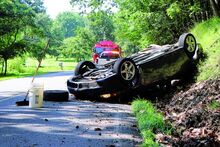 A Silver Pontiac G6 southbound on Fifth Street Hollow flipped Monday afternoon after its driver rode up an embankment to avoid a fawn. The driver was uninjured.