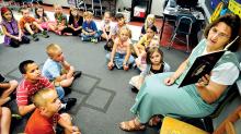 First-grade teacher Cathy Williams reads “Miss Nelson is Missing” by Harry Allard and James Marshall to her students at Benton’s L. Ray Appleman Elementary School on Tuesday morning, the first day of school for the district. 