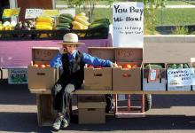 A young Amish boy sits between boxes of tomatoes while waiting to use his hand truck to cart a shopper's purchase to a vehicle Saturday morning at the Ferry Street Grower's Market in Danville. 