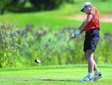 Press Enterprise/Zach Pippen Benton’s RJ Moyer tees-off at hole three at the White Deer Golf Club Tuesday afternoon in Montgomery.