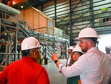 Caithness-Moxie Natural Gas Plan General Manager of operations, Jack Monahon (right) stops to explain how gas is being processed to James May (left) Regional Director for Congressman Dan Mauser and Lynda Culver, Senator for the 27th Senatorial district.