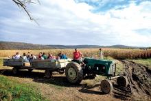 Children from Trinity Child Care in Danville take a hayride at Whitenight’s Farm Market in Riverside on Thursday morning. Driving the tractor is Brian Whitenight. The kids also got to examine a variety of pumpkins and squash and the to play on the slides, straw piles, swings, tubes and foam pits in Pumpkinville.