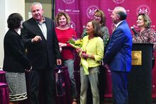 During the Commonwealth University Council of Trustees quarterly meeting Friday, the school announced the receipt of a $5 million donation for the School of Nursing, which was renamed after Ed and Julie Breiner. Shown during the announcement are from left, Diana Rogers-Adkinson, provost; Ed Breiner, Jayme Hile, undergraduate chairperson; Julie Breiner; Jennifer Sheaffer, graduate chairperson; Bashar Hanna, university president and Kim Olszewski, senior associate dean school of nursing. 