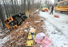 Fourteen students and a driver were hurt when this school bus hit a slick spot on Kline Road in Valley Township Tuesday morning. The students wee traveling to Columbia-Montour Vo-Tech School. See our story, Page 1.