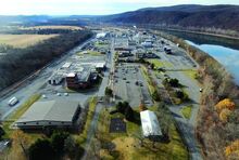 An aerial view of the Merk plant along the Susquehanna River