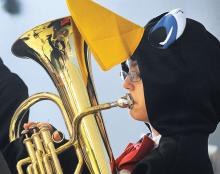 Central Columbia High School senior Megan Sanders belts out a tune with her fellow band members Thursday afternoon at Orangeville Nursing and Rehabilitation Center.