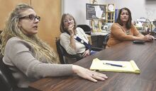 COLUMBIA-MONTOUR AGING OFFICE INC. representatives, from left, Lacy Temple, director; Carol Sunday, board of directors president, and Christine Pritchard, deputy director, talk about how the department is dealing with the state budget stalemate during an interview.
