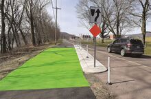 Painted green patches have been added to the Bloomsburg Area Recreational Trail to help keep motorists off the trail including where West Fort McClure Boulevard becomes one way. 