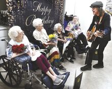 Angelo “Tony” Yanuzzi, Drums, leads four centenarians in singing “Happy Birthday” during a celebration in the ladies’ honor at Glen Brook Rehabilitation and Healthcare Center in Berwick on Wednesday. From left are Betty Morgan, 101, Berwick; Evelyn Zettle, 100, Huntington Mills; Mary Knorr, 103, Berwick; and Edna Belles, 101, Berwick. Berwick Mayor Tim Burke brought the ladies flowers and birthday cards. Representatives from State Rep. Robert Leadbeter and State Sen. Lynda Schlegel Culver presented citation