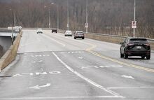The lines across the Berwick-Nescopeck bridge have been moved as preparation is being done for the bridge to be repainted over the summer. Equipment will be placed on the upstream side of the bridge, at left.