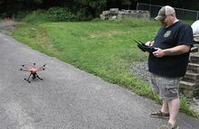 Mocanaqua Fire Chief Stephen McDaniels prepares to fly the Mocanaqua Volunteer Fire Company’s new drone Monday.