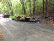 A look at what's left of a burned-out pickup truck along Rushtown Road Monday. Police say two people were killed in the wreck. See <a href="http://www.pressenterpriseonline.com/breakingnews/truck-bursts-into-flames-2-dead"><strong>our online report </a></strong>for another photo and more details.