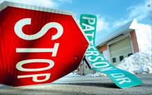 A stop sign and a street sign for Patterson Drive lie at the intersection of Old Berwick Road on Tuesday. They had been knocked down.A stop sign and a street sign for Patterson Drive lie at the intersection of Old Berwick Road on Tuesday. They had been knocked down.